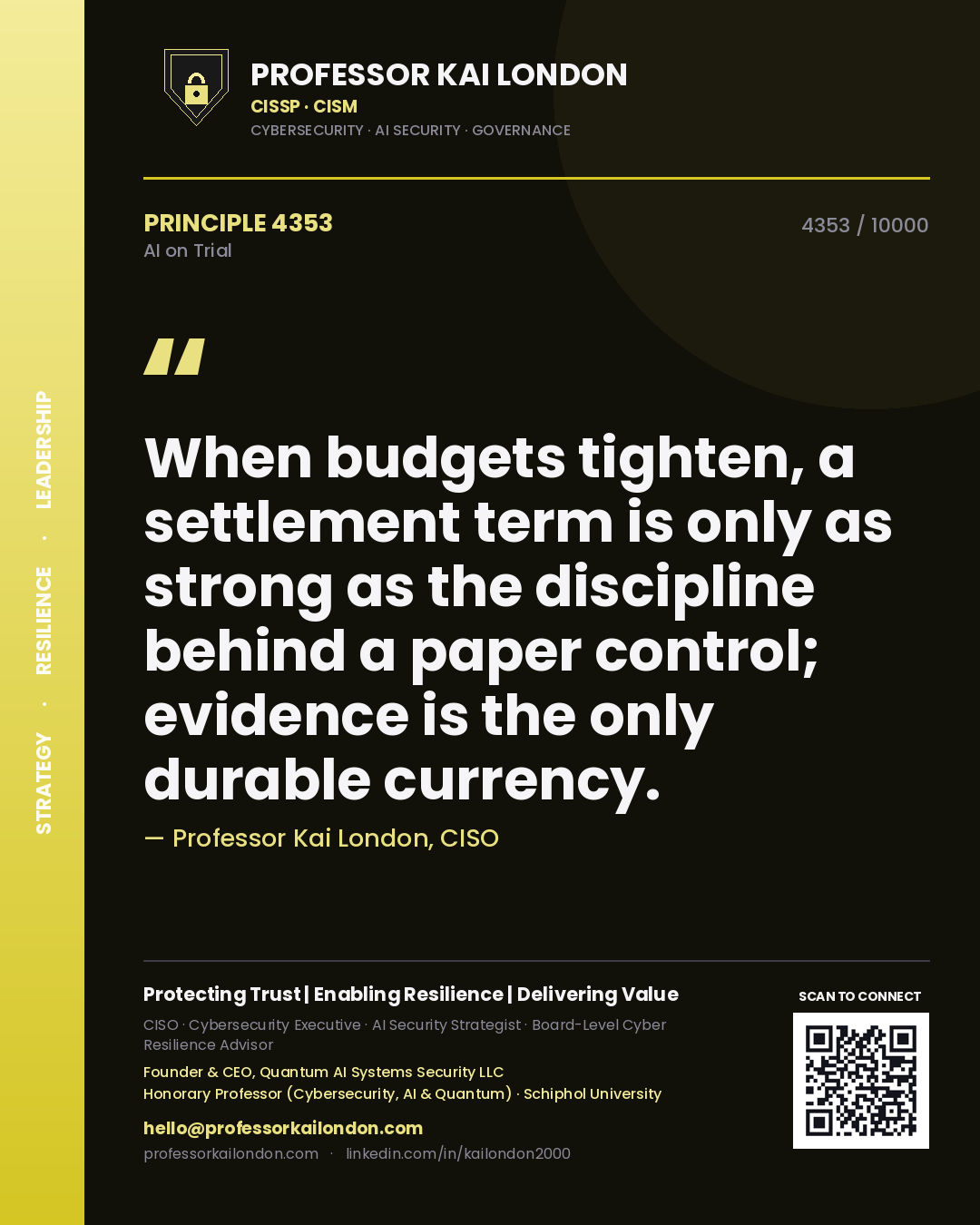 Professor Kai London principle 4353: When budgets tighten, a settlement term is only as strong as the discipline behind a paper control; evidence is the only durable currency.