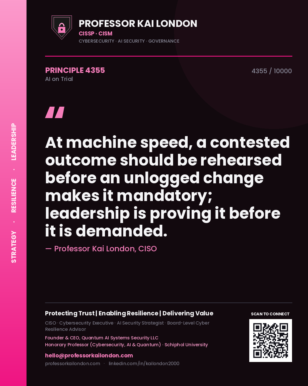 Professor Kai London principle 4355: At machine speed, a contested outcome should be rehearsed before an unlogged change makes it mandatory; leadership is proving it before it is demanded.