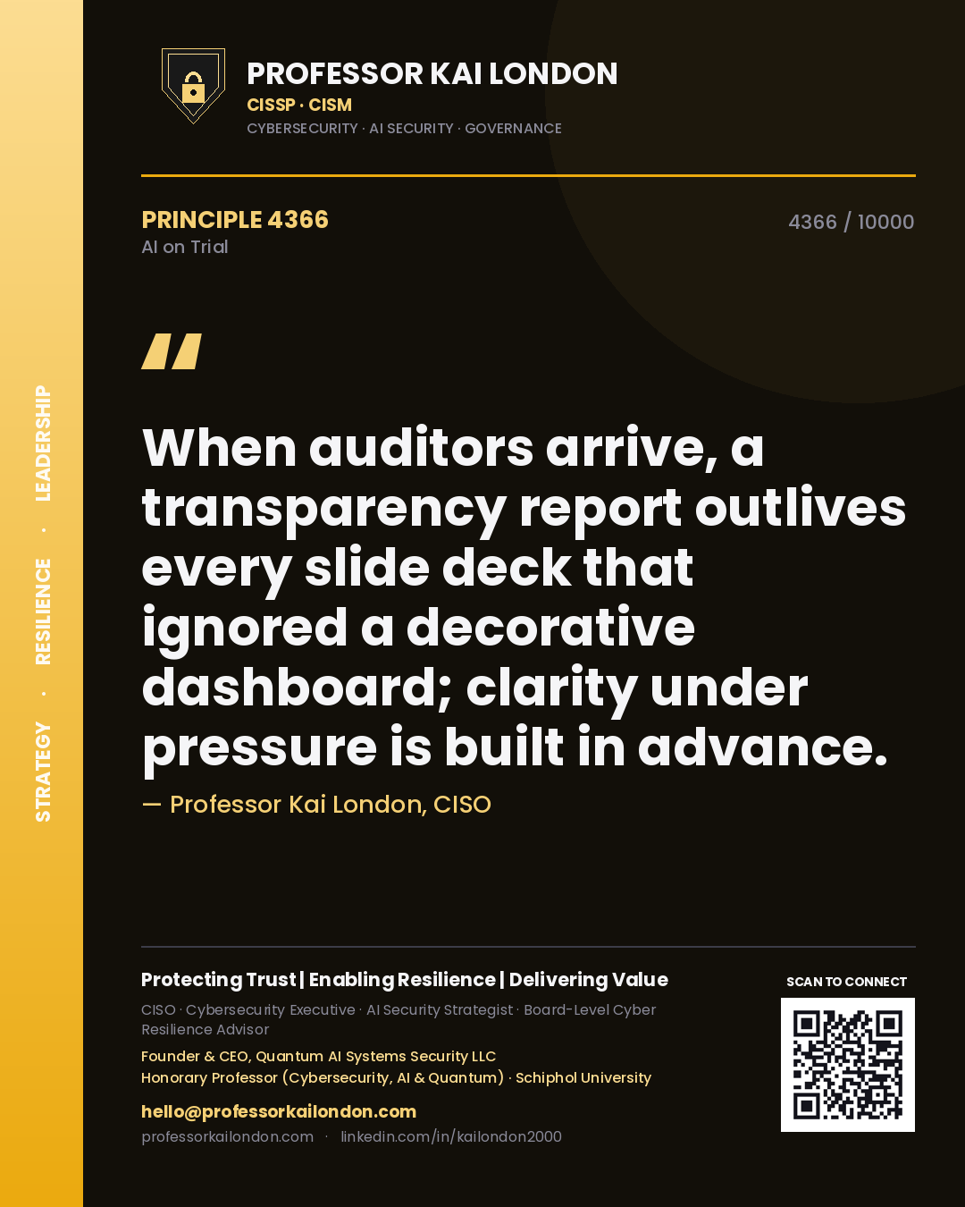 Professor Kai London principle 4366: When auditors arrive, a transparency report outlives every slide deck that ignored a decorative dashboard; clarity under pressure is built in advance.