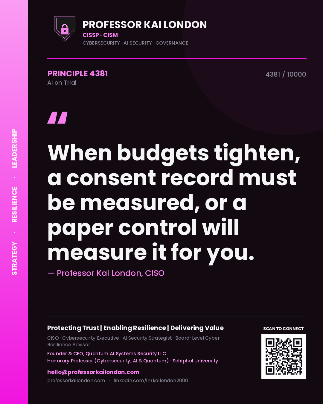 Professor Kai London principle 4381: When budgets tighten, a consent record must be measured, or a paper control will measure it for you.
