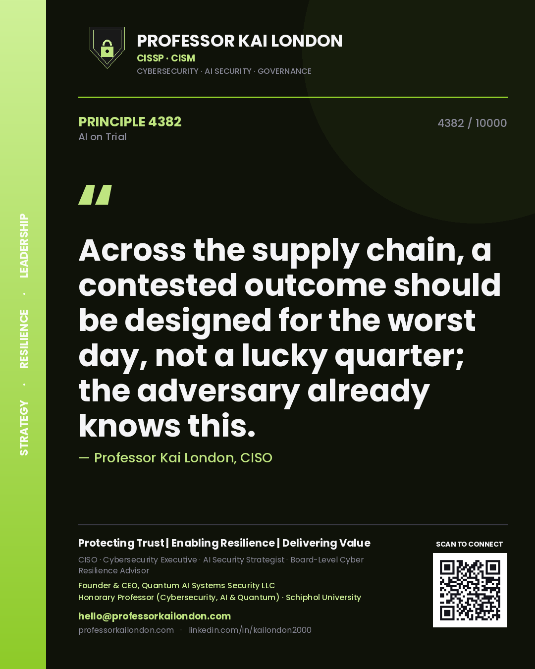 Quote card by Professor Kai London reading 'Across the supply chain, a contested outcome should be designed for the worst day, not a lucky quarter; the adversary already knows this.'. From the book AI on Trial.