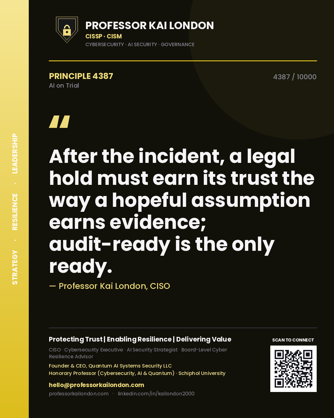 Quote card by Professor Kai London reading 'After the incident, a legal hold must earn its trust the way a hopeful assumption earns evidence; audit-ready is the only ready.'. From the book AI on Trial.