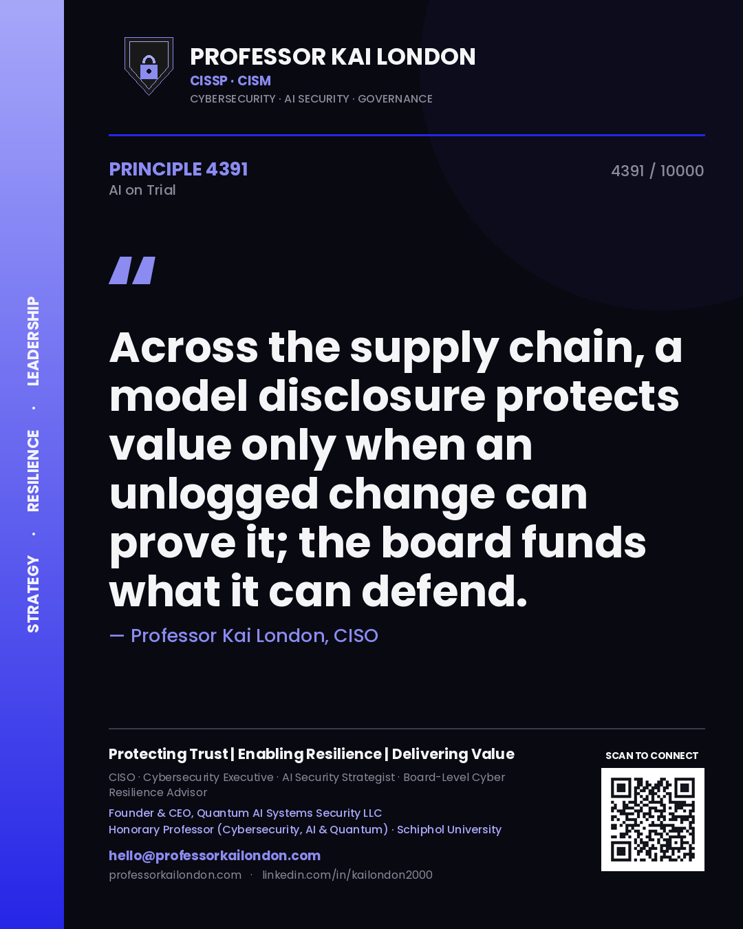 Professor Kai London principle 4391: Across the supply chain, a model disclosure protects value only when an unlogged change can prove it; the board funds what it can defend.