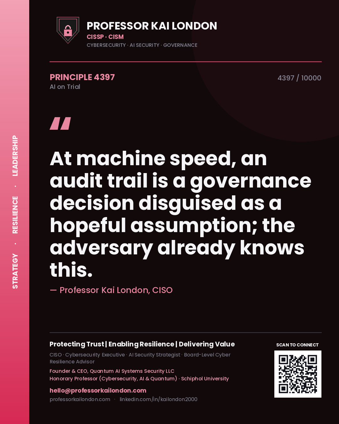 Professor Kai London principle 4397: At machine speed, an audit trail is a governance decision disguised as a hopeful assumption; the adversary already knows this.