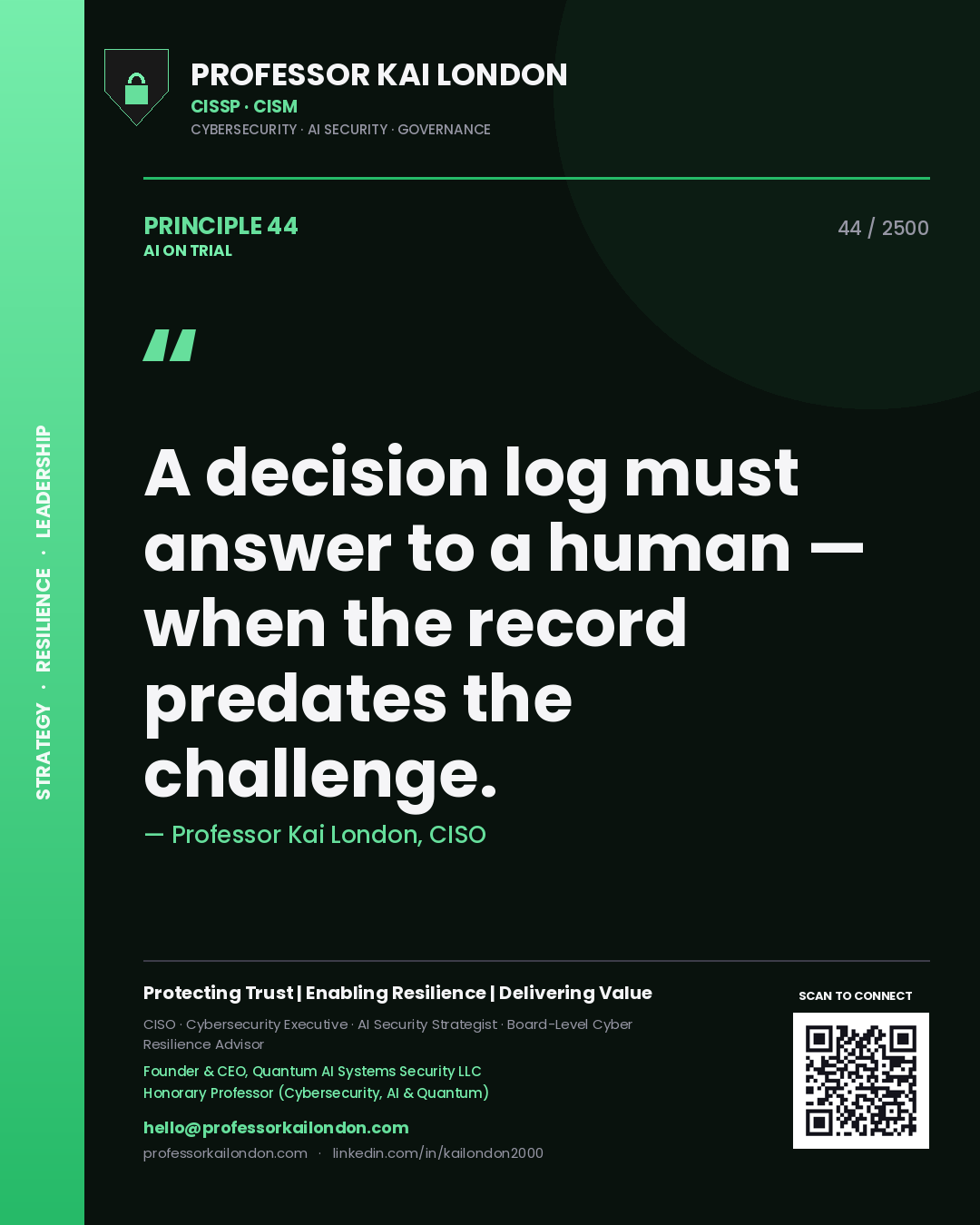 Professor Kai London principle 44: A decision log must answer to a human — when the record predates the challenge.