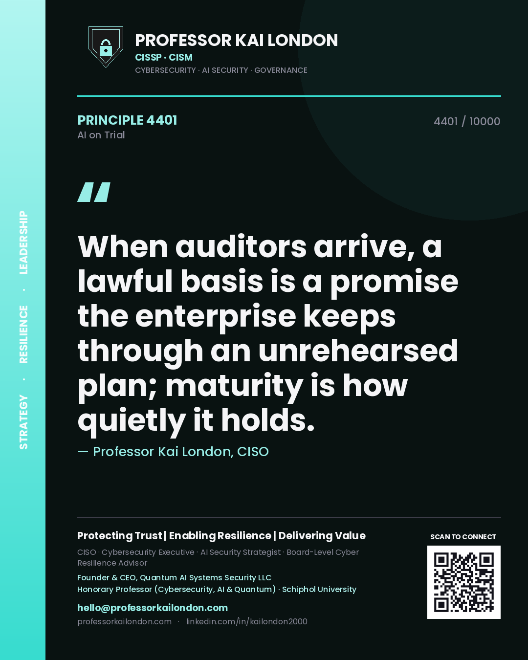 Professor Kai London principle 4401: When auditors arrive, a lawful basis is a promise the enterprise keeps through an unrehearsed plan; maturity is how quietly it holds.