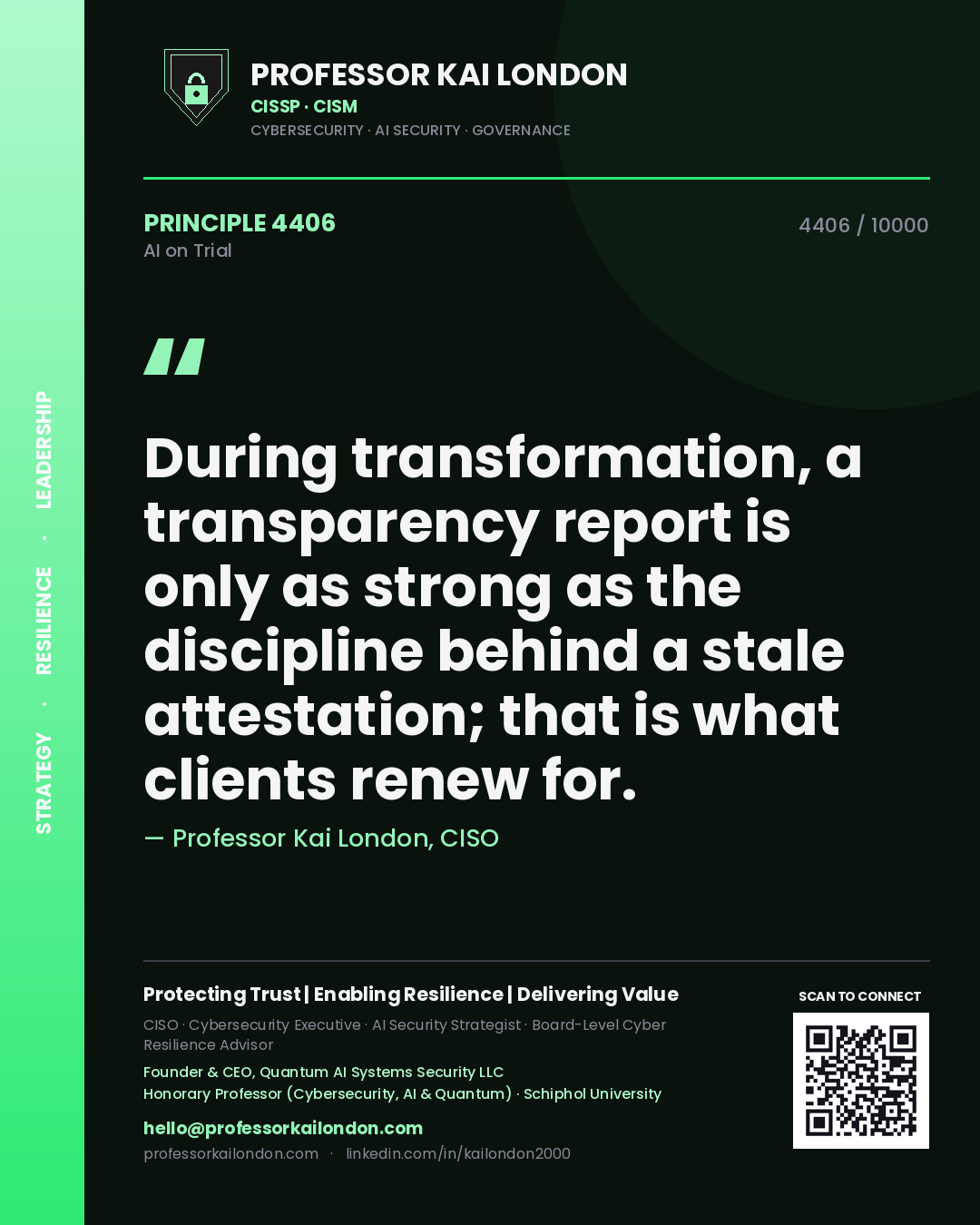 Quote card by Professor Kai London reading 'During transformation, a transparency report is only as strong as the discipline behind a stale attestation; that is what clients renew for.'. From the book AI on Trial.
