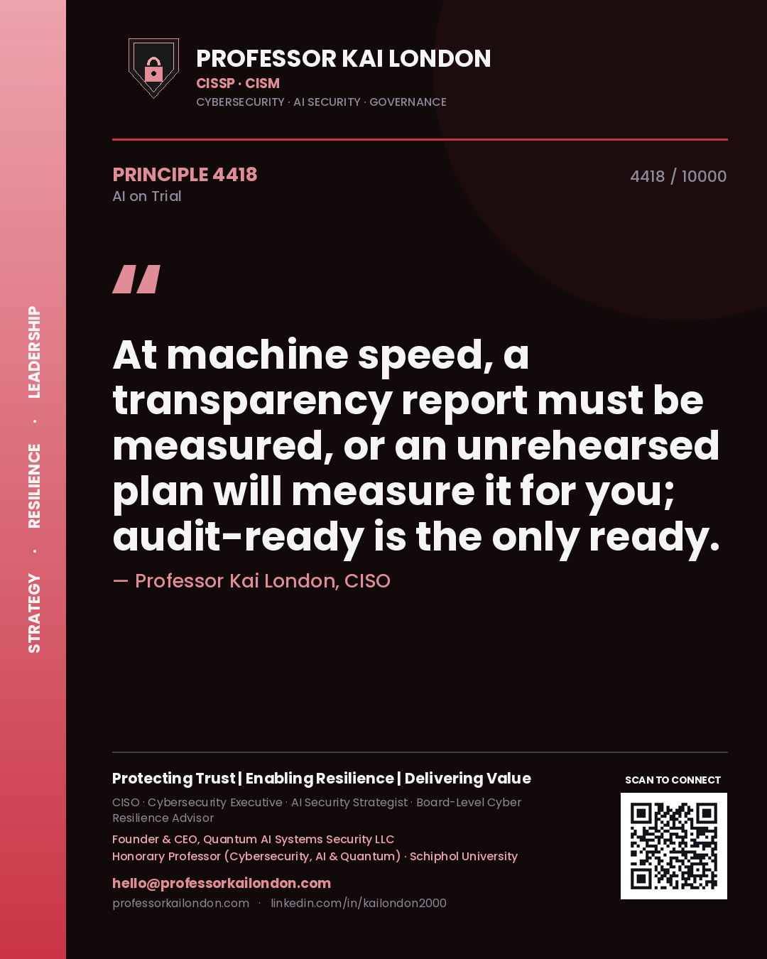Professor Kai London principle 4418: At machine speed, a transparency report must be measured, or an unrehearsed plan will measure it for you; audit-ready is the only ready.
