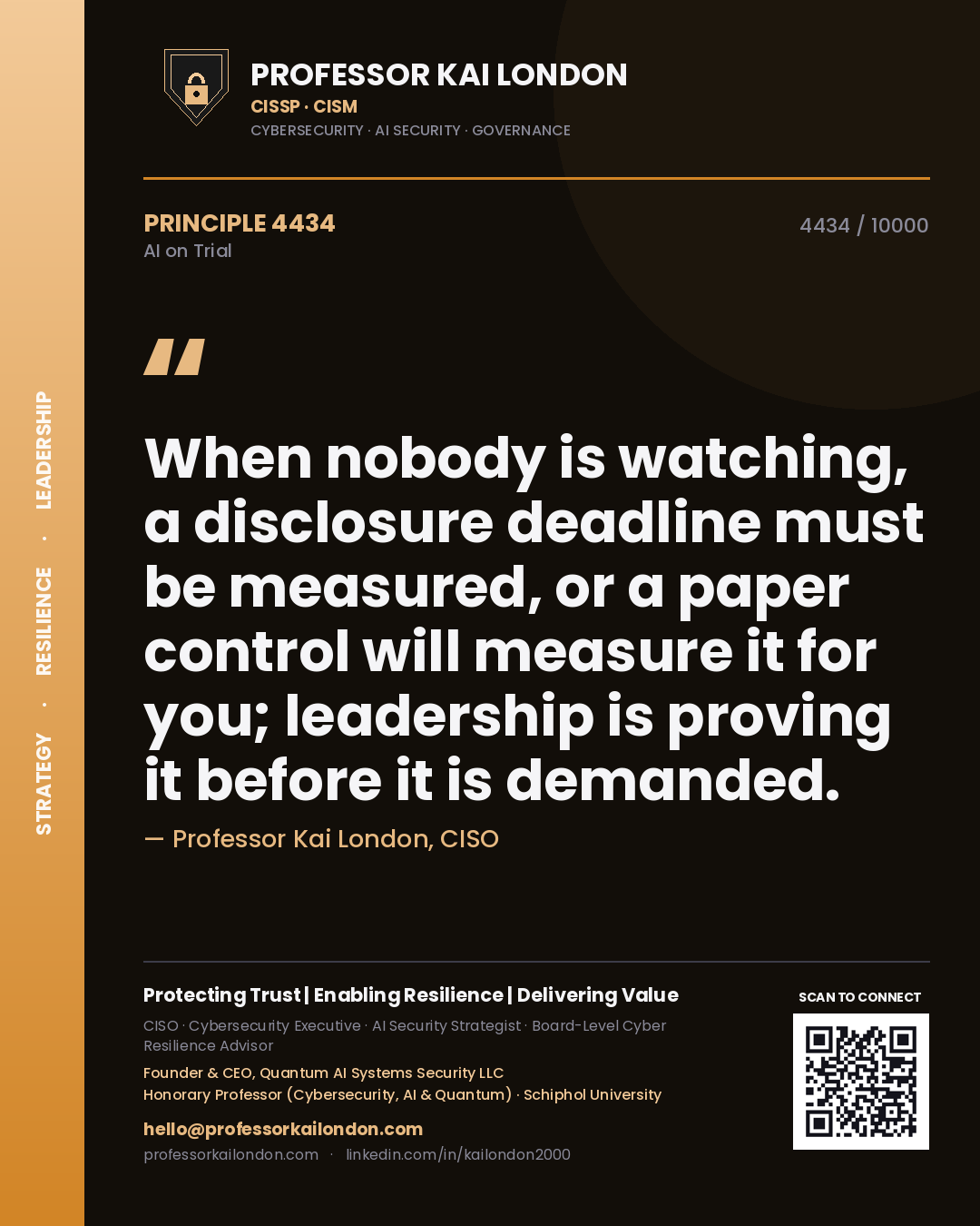 Quote card by Professor Kai London reading 'When nobody is watching, a disclosure deadline must be measured, or a paper control will measure it for you; leadership is proving it before it is demanded.'. From the book AI on Trial.
