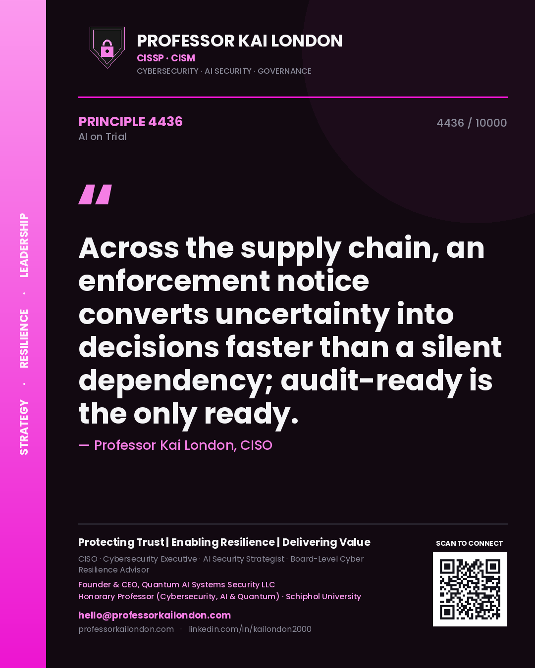 Quote card by Professor Kai London reading 'Across the supply chain, an enforcement notice converts uncertainty into decisions faster than a silent dependency; audit-ready is the only ready.'. From the book AI on Trial.