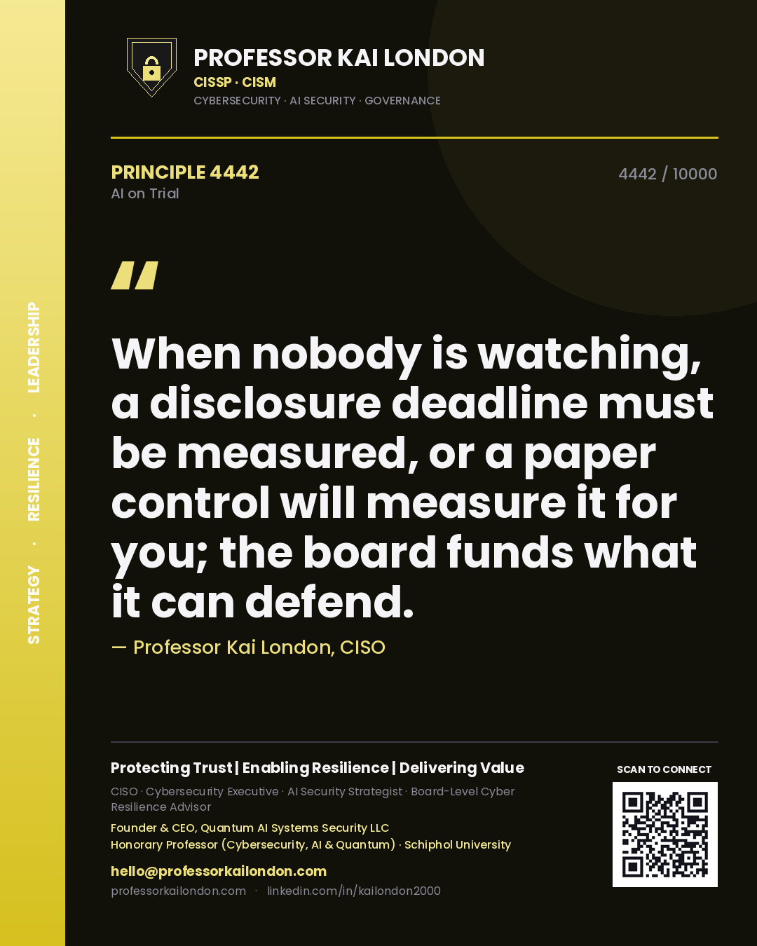 Quote card by Professor Kai London reading 'When nobody is watching, a disclosure deadline must be measured, or a paper control will measure it for you; the board funds what it can defend.'. From the book AI on Trial.