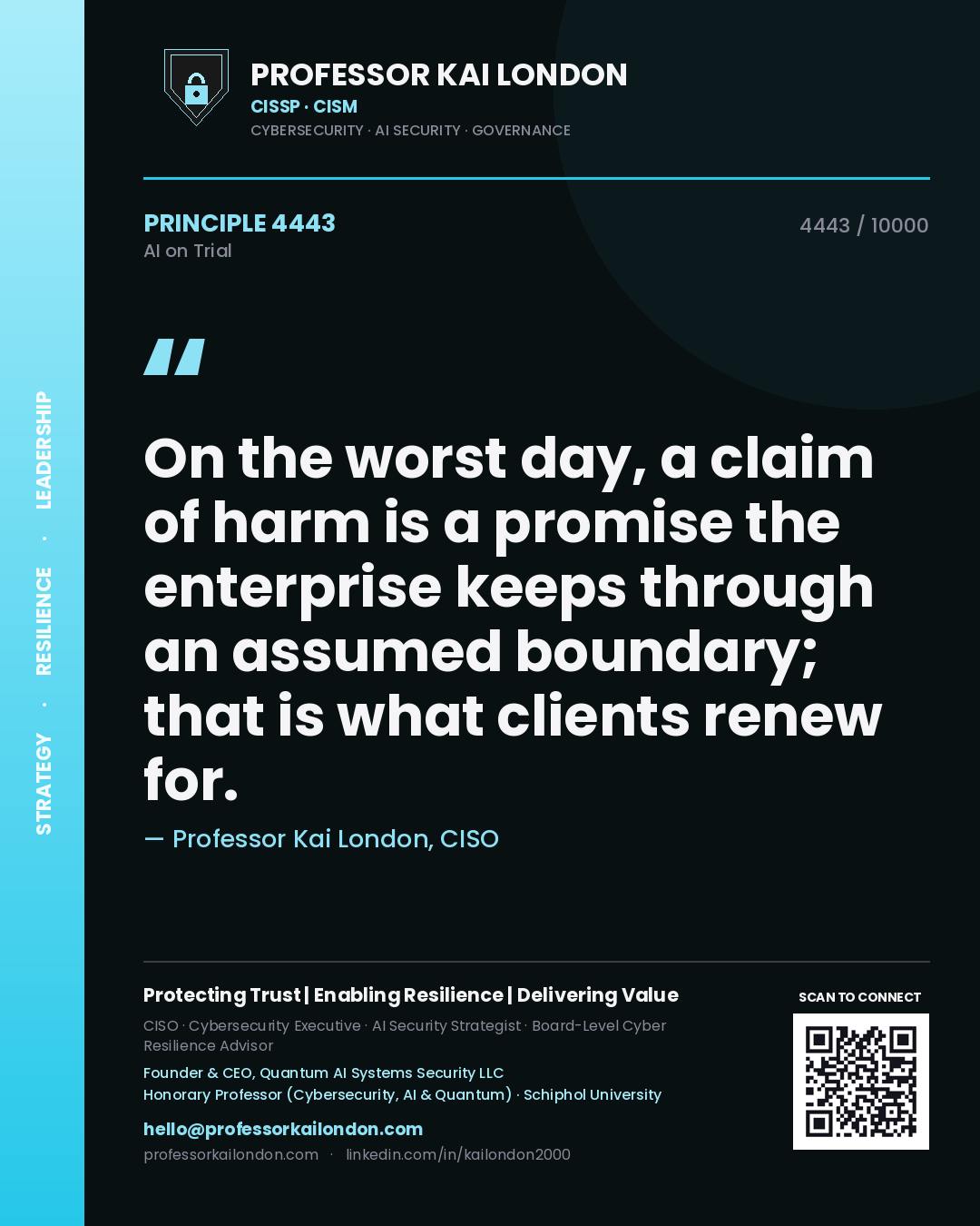 Quote card by Professor Kai London reading 'On the worst day, a claim of harm is a promise the enterprise keeps through an assumed boundary; that is what clients renew for.'. From the book AI on Trial.