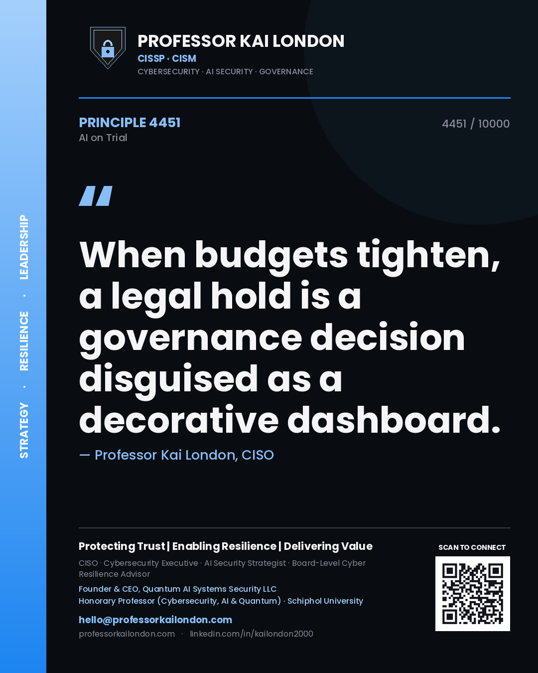 Quote card by Professor Kai London reading 'When budgets tighten, a legal hold is a governance decision disguised as a decorative dashboard.'. From the book AI on Trial.