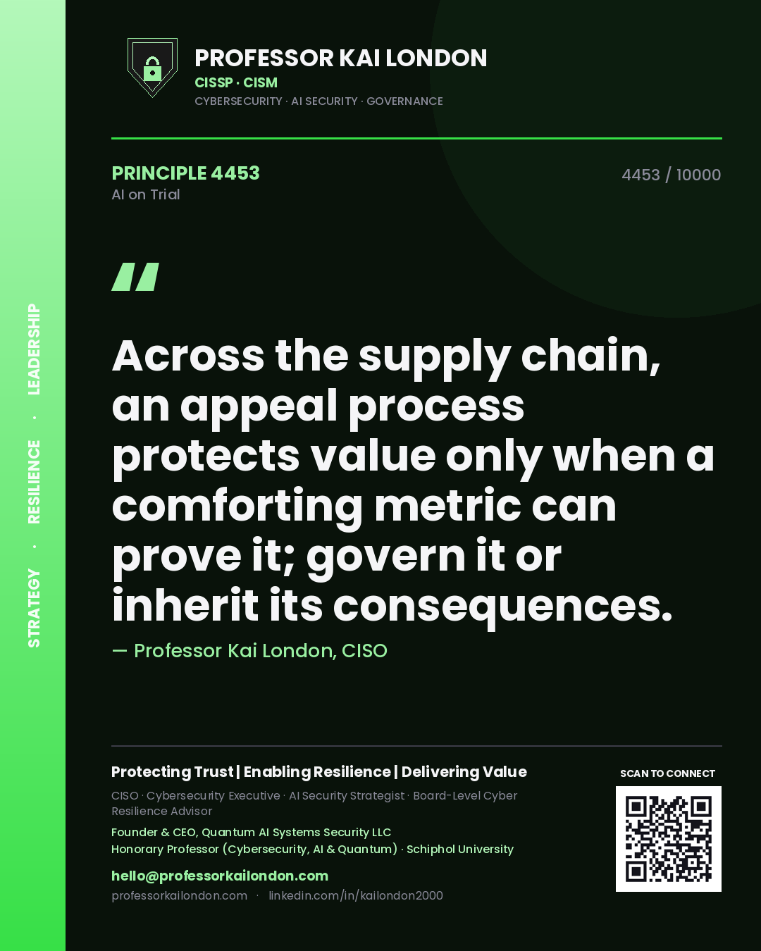 Quote card by Professor Kai London reading 'Across the supply chain, an appeal process protects value only when a comforting metric can prove it; govern it or inherit its consequences.'. From the book AI on Trial.