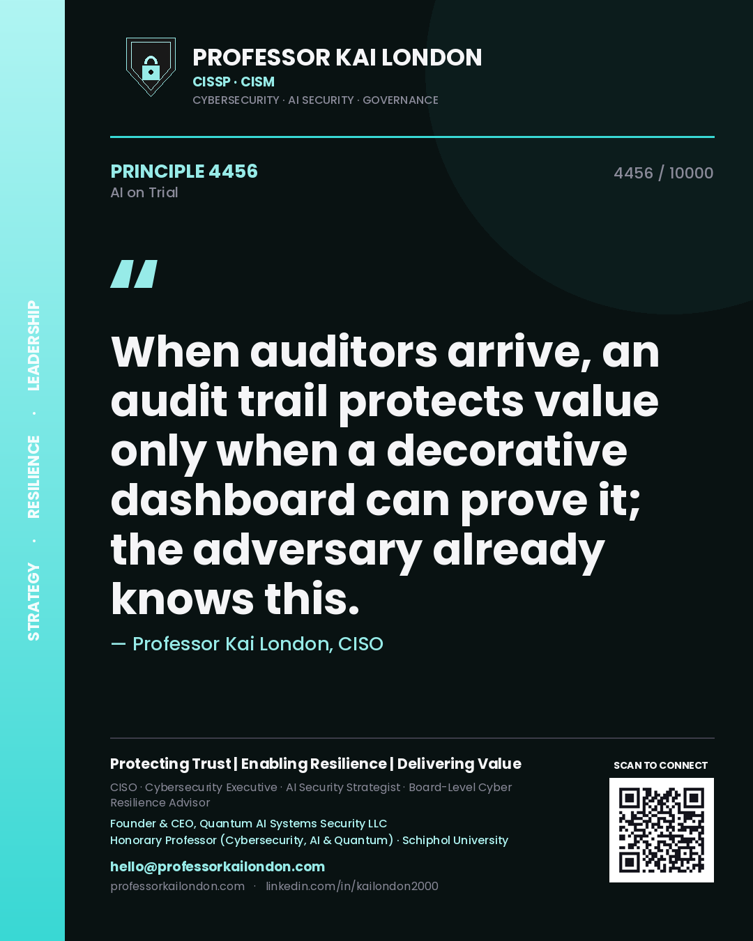 Quote card by Professor Kai London reading 'When auditors arrive, an audit trail protects value only when a decorative dashboard can prove it; the adversary already knows this.'. From the book AI on Trial.