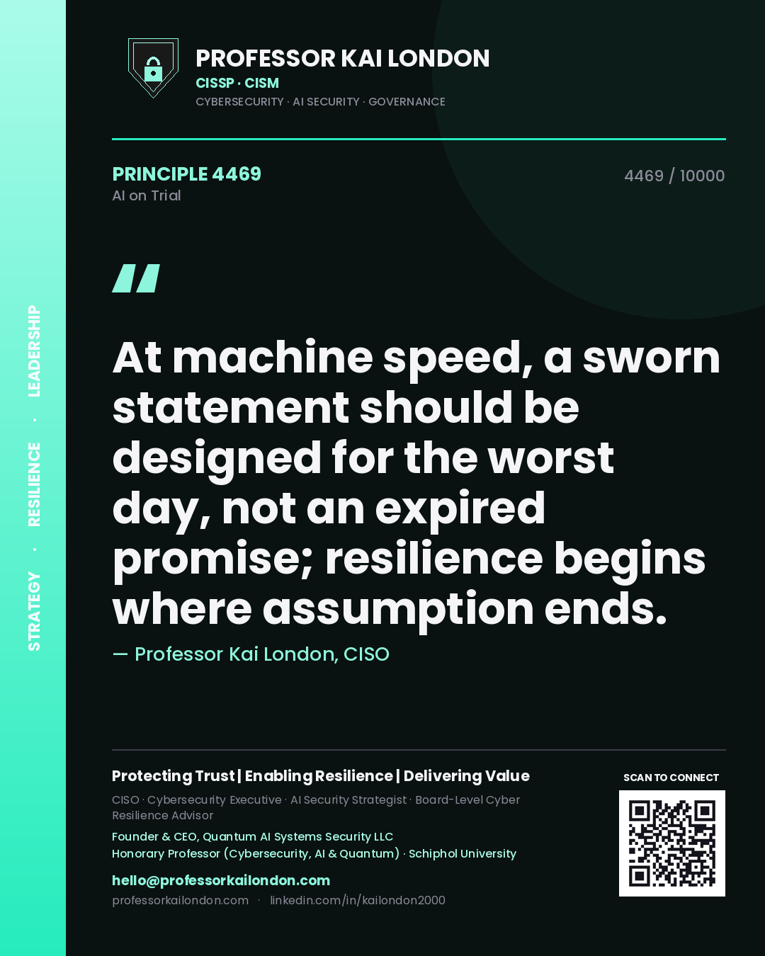 Quote card by Professor Kai London reading 'At machine speed, a sworn statement should be designed for the worst day, not an expired promise; resilience begins where assumption ends.'. From the book AI on Trial.