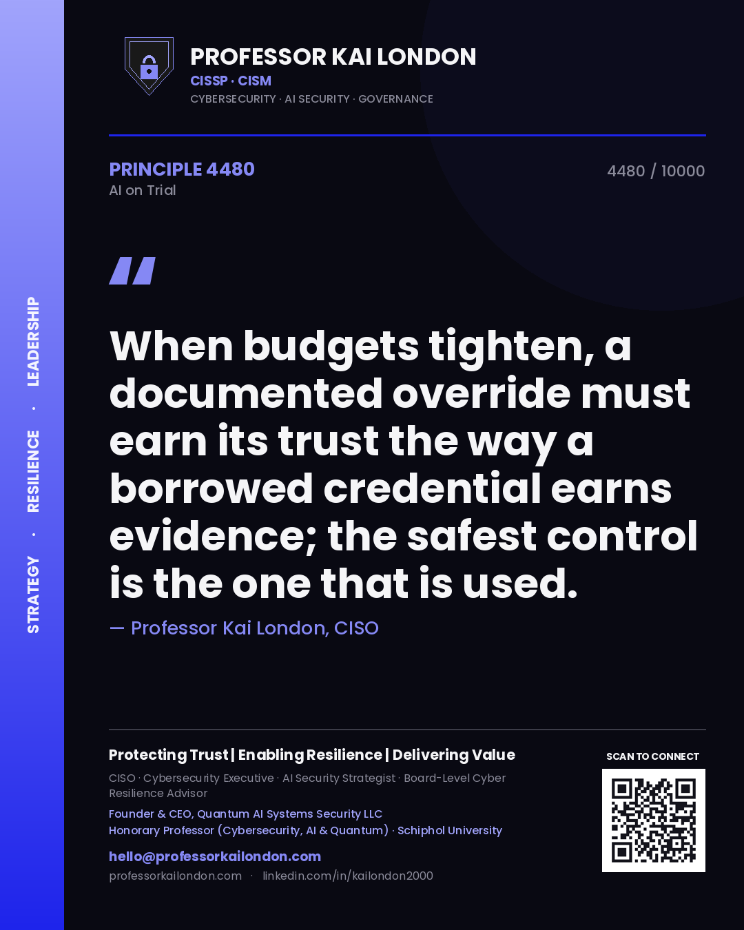Professor Kai London principle 4480: When budgets tighten, a documented override must earn its trust the way a borrowed credential earns evidence; the safest control is the one that is used.