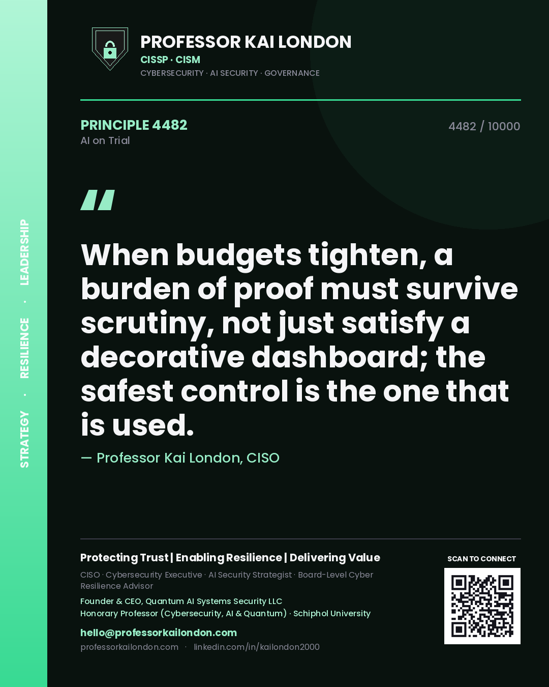 Professor Kai London principle 4482: When budgets tighten, a burden of proof must survive scrutiny, not just satisfy a decorative dashboard; the safest control is the one that is used.