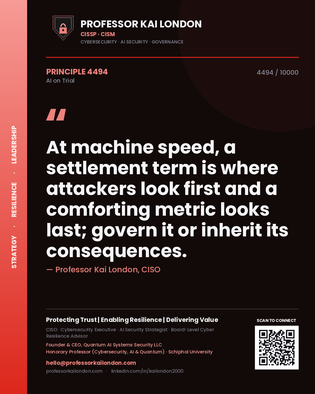 Quote card by Professor Kai London reading 'At machine speed, a settlement term is where attackers look first and a comforting metric looks last; govern it or inherit its consequences.'. From the book AI on Trial.