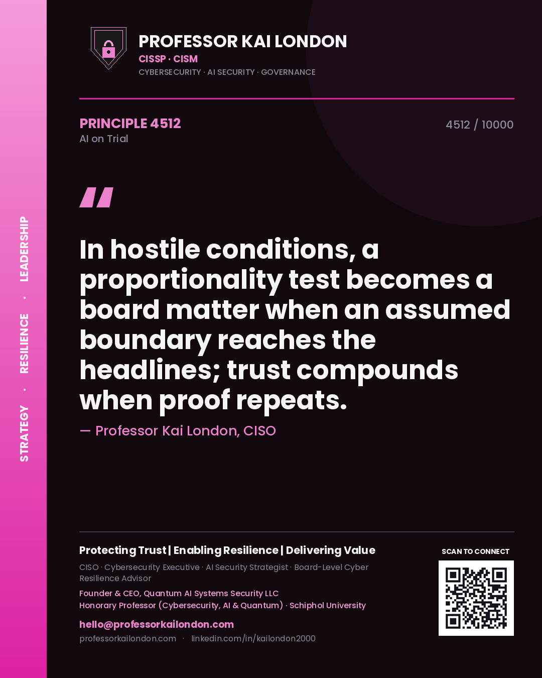Professor Kai London principle 4512: In hostile conditions, a proportionality test becomes a board matter when an assumed boundary reaches the headlines; trust compounds when proof repeats.
