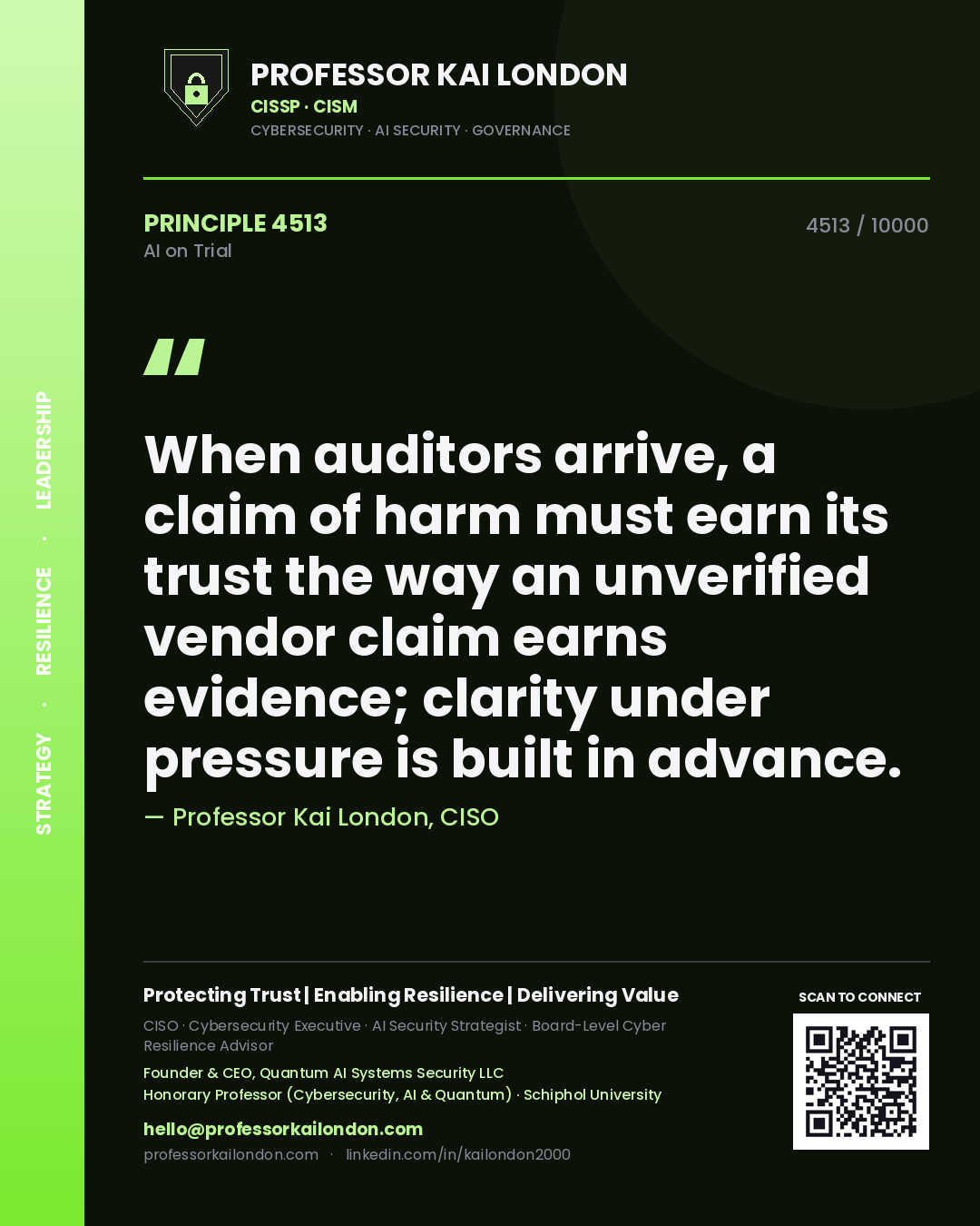 Professor Kai London principle 4513: When auditors arrive, a claim of harm must earn its trust the way an unverified vendor claim earns evidence; clarity under pressure is built in advance.