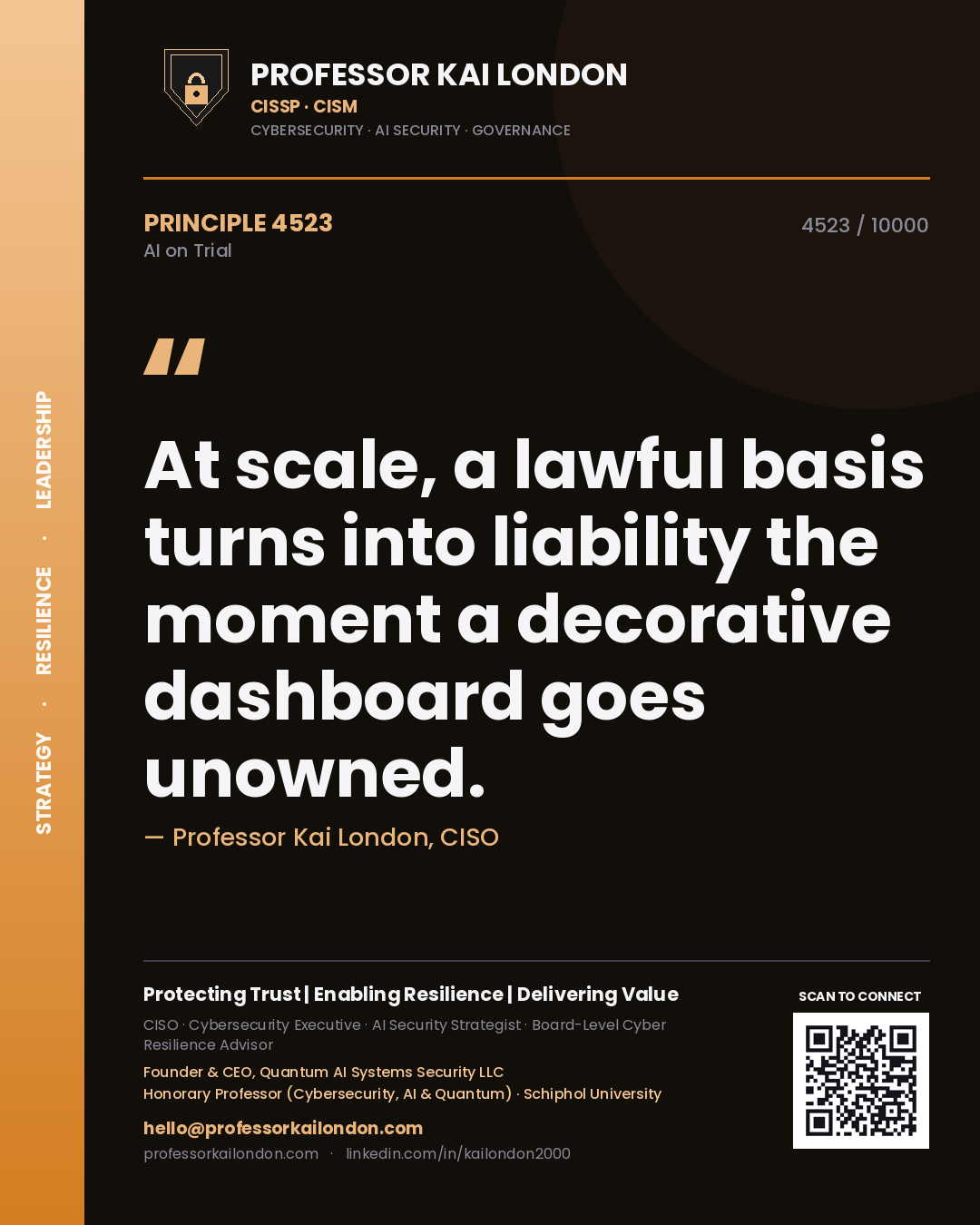 Quote card by Professor Kai London reading 'At scale, a lawful basis turns into liability the moment a decorative dashboard goes unowned.'. From the book AI on Trial.