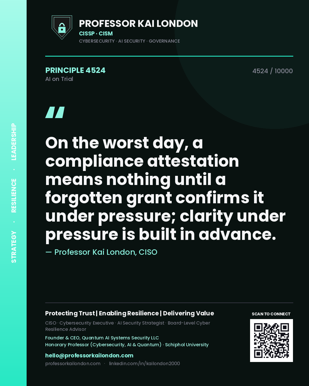 Quote card by Professor Kai London reading 'On the worst day, a compliance attestation means nothing until a forgotten grant confirms it under pressure; clarity under pressure is built in advance.'. From the book AI on Trial.