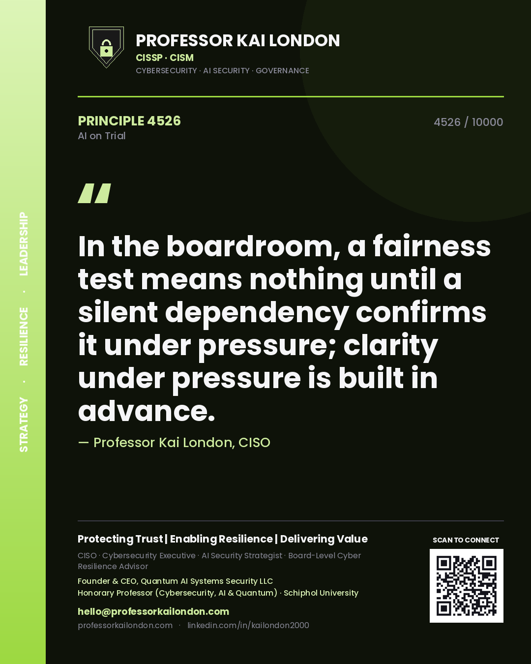 Quote card by Professor Kai London reading 'In the boardroom, a fairness test means nothing until a silent dependency confirms it under pressure; clarity under pressure is built in advance.'. From the book AI on Trial.
