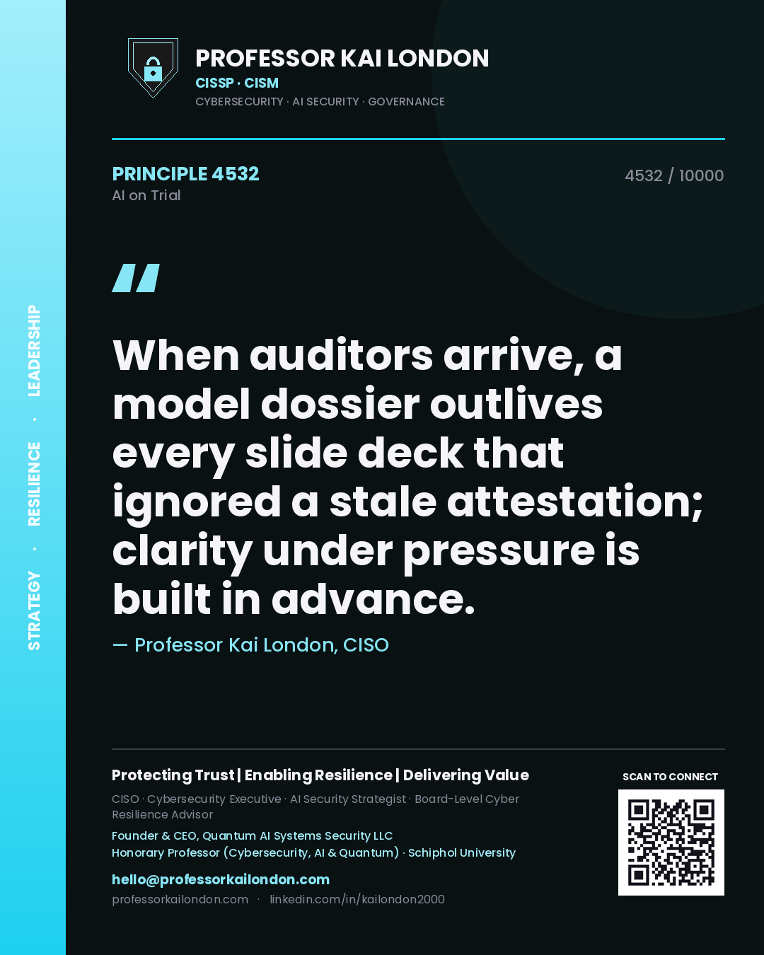Quote card by Professor Kai London reading 'When auditors arrive, a model dossier outlives every slide deck that ignored a stale attestation; clarity under pressure is built in advance.'. From the book AI on Trial.