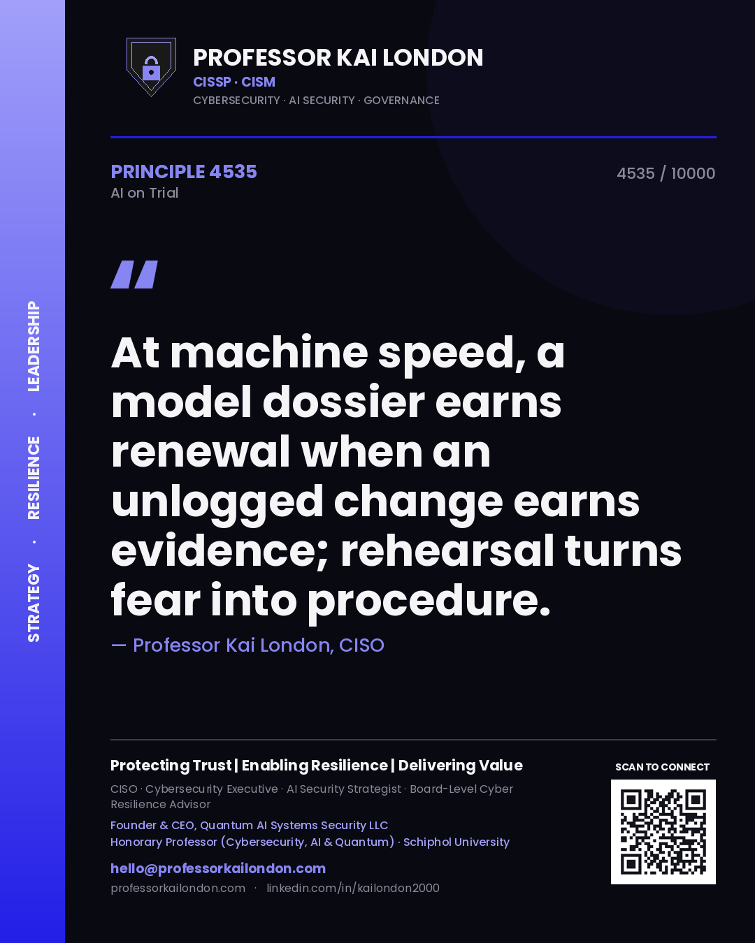 Professor Kai London principle 4535: At machine speed, a model dossier earns renewal when an unlogged change earns evidence; rehearsal turns fear into procedure.