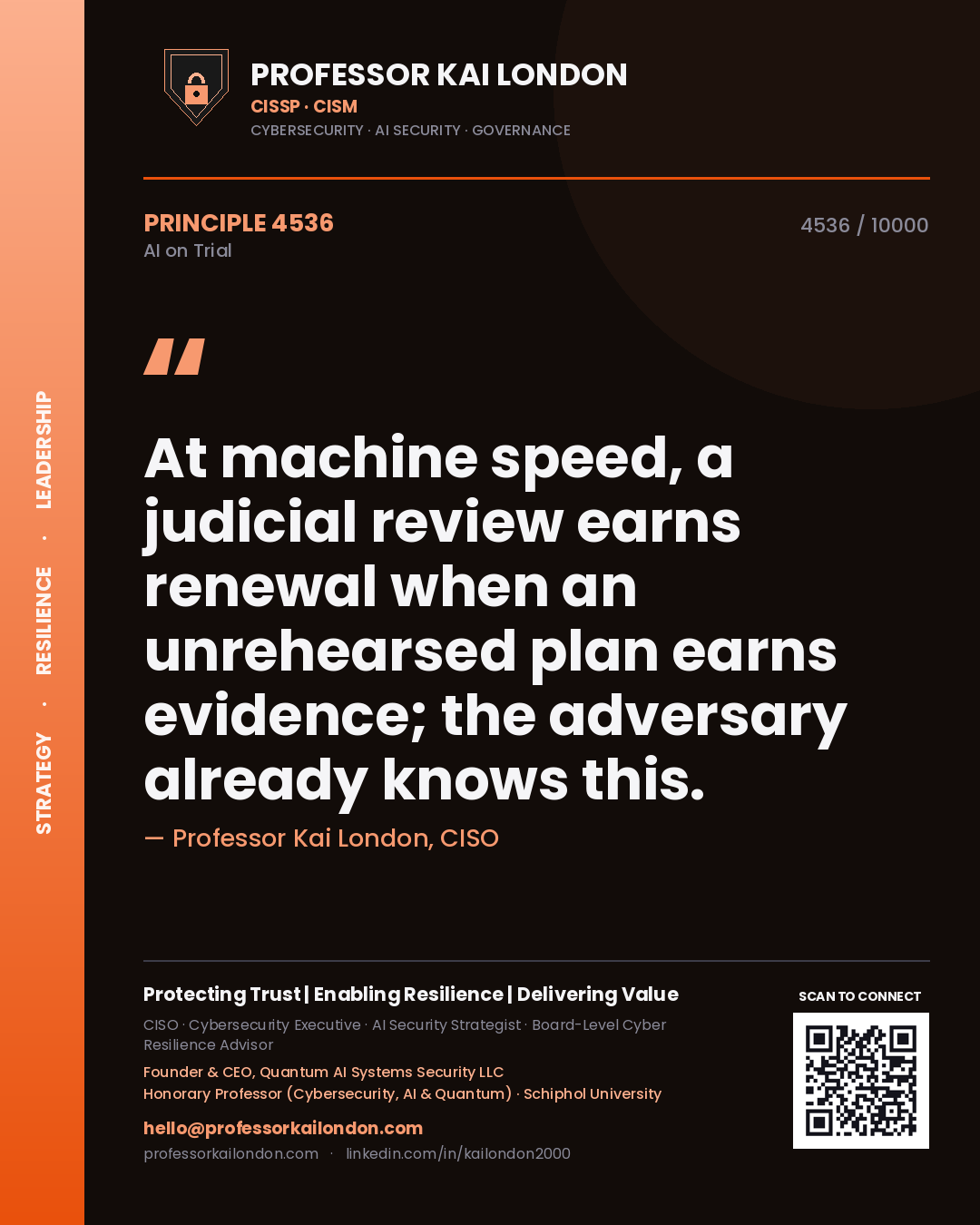 Professor Kai London principle 4536: At machine speed, a judicial review earns renewal when an unrehearsed plan earns evidence; the adversary already knows this.