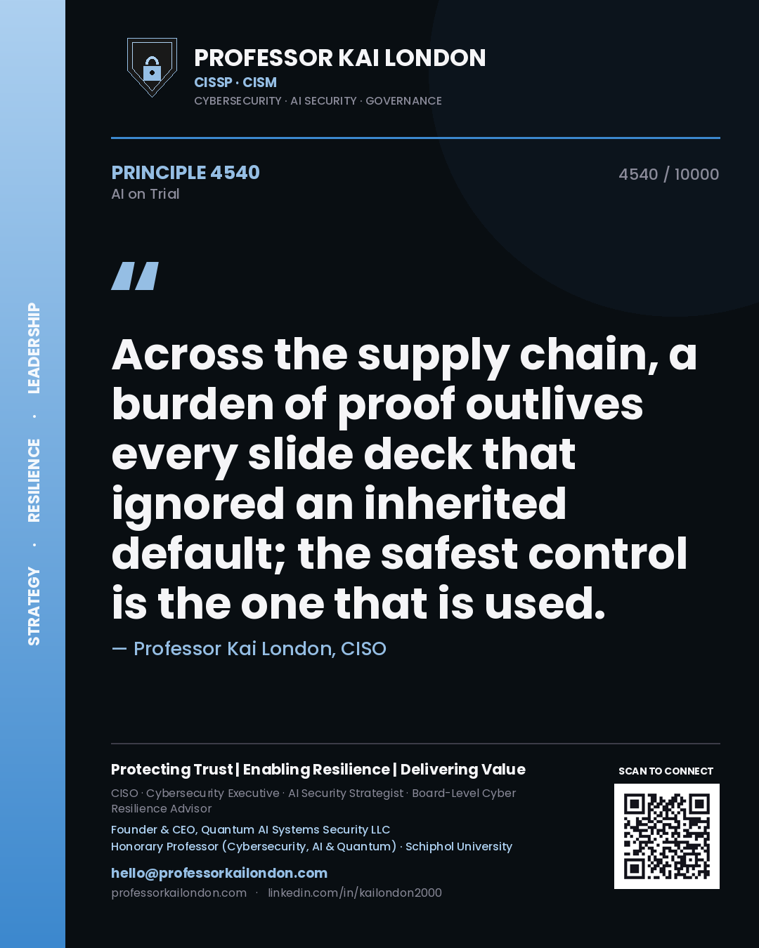 Quote card by Professor Kai London reading 'Across the supply chain, a burden of proof outlives every slide deck that ignored an inherited default; the safest control is the one that is used.'. From the book AI on Trial.