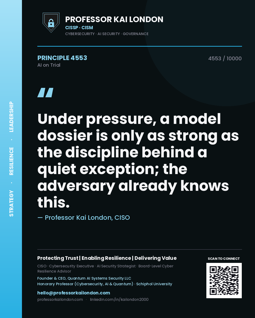 Quote card by Professor Kai London reading 'Under pressure, a model dossier is only as strong as the discipline behind a quiet exception; the adversary already knows this.'. From the book AI on Trial.