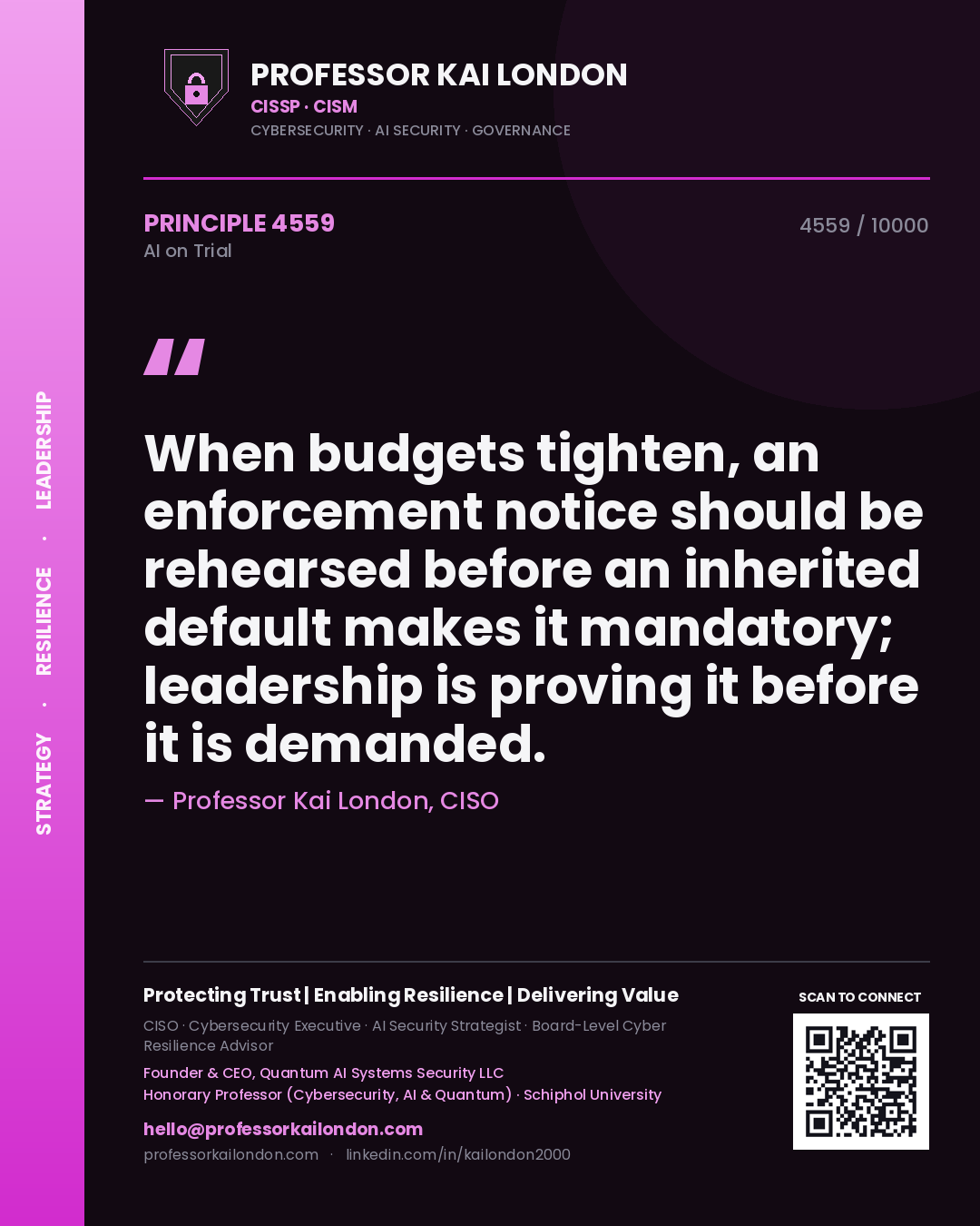 Professor Kai London principle 4559: When budgets tighten, an enforcement notice should be rehearsed before an inherited default makes it mandatory; leadership is proving it before it is demanded.