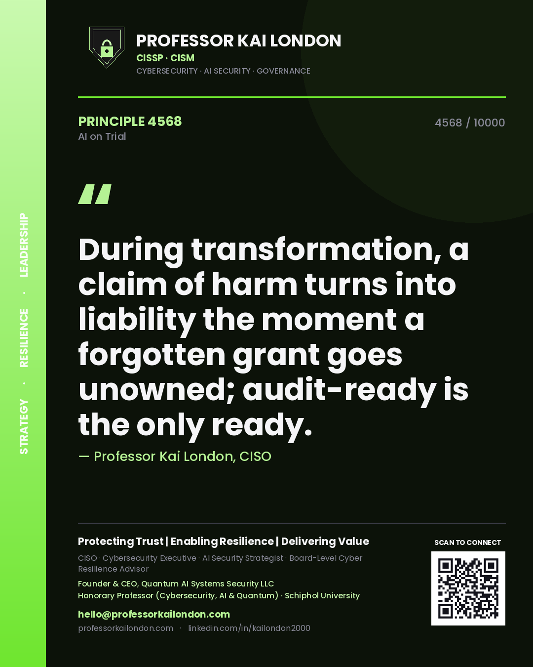Quote card by Professor Kai London reading 'During transformation, a claim of harm turns into liability the moment a forgotten grant goes unowned; audit-ready is the only ready.'. From the book AI on Trial.