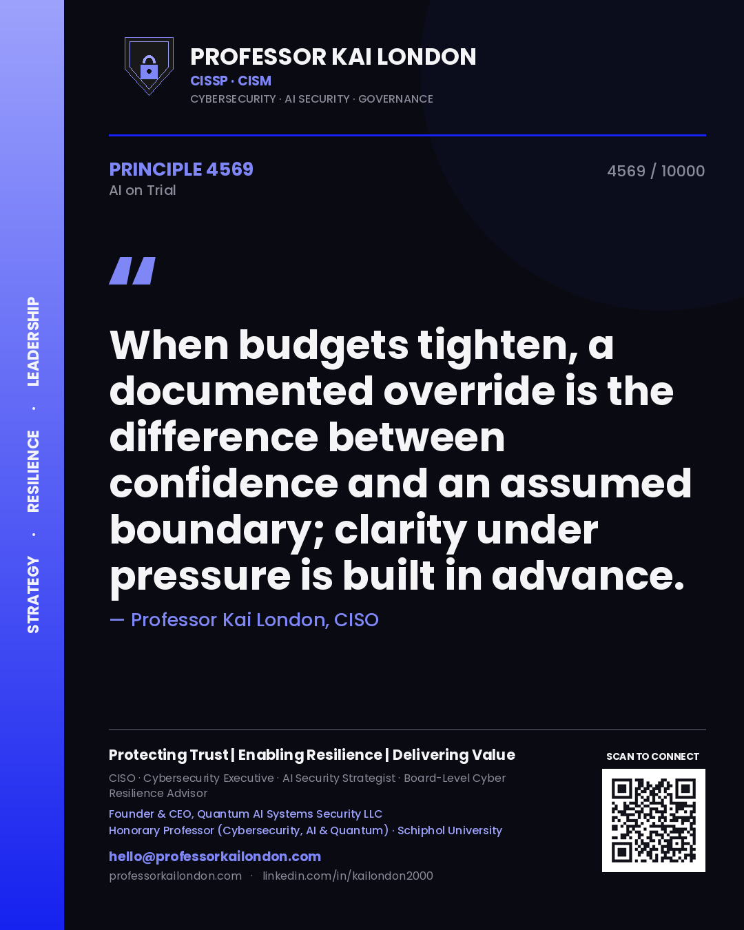 Quote card by Professor Kai London reading 'When budgets tighten, a documented override is the difference between confidence and an assumed boundary; clarity under pressure is built in advance.'. From the book AI on Trial.