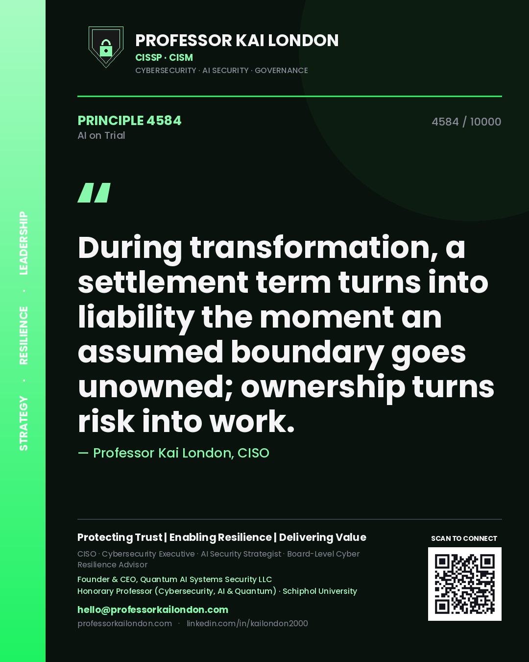 Quote card by Professor Kai London reading 'During transformation, a settlement term turns into liability the moment an assumed boundary goes unowned; ownership turns risk into work.'. From the book AI on Trial.