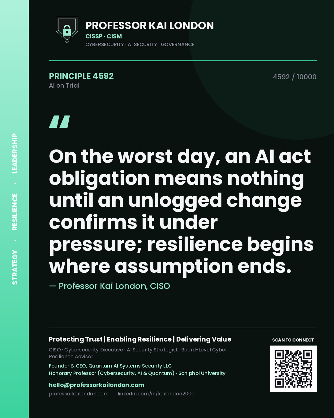 Quote card by Professor Kai London reading 'On the worst day, an AI act obligation means nothing until an unlogged change confirms it under pressure; resilience begins where assumption ends.'. From the book AI on Trial.