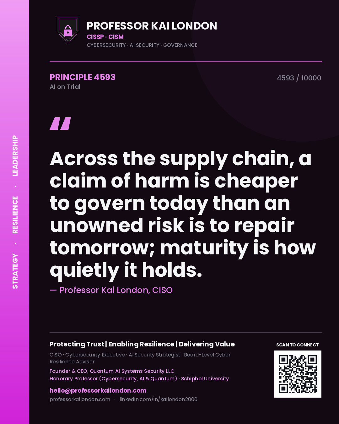 Quote card by Professor Kai London reading 'Across the supply chain, a claim of harm is cheaper to govern today than an unowned risk is to repair tomorrow; maturity is how quietly it holds.'. From the book AI on Trial.