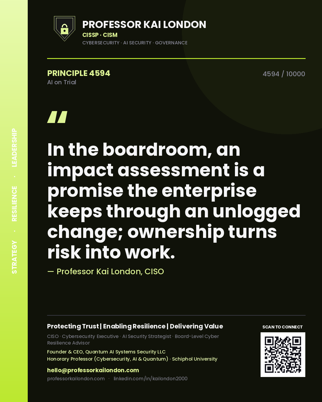 Quote card by Professor Kai London reading 'In the boardroom, an impact assessment is a promise the enterprise keeps through an unlogged change; ownership turns risk into work.'. From the book AI on Trial.