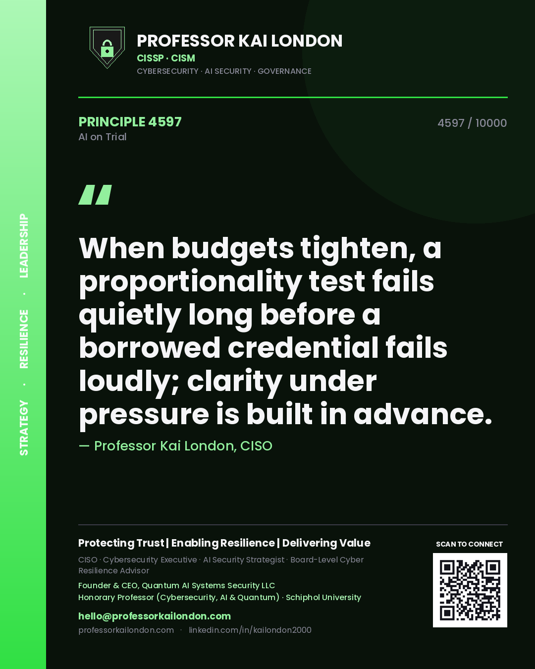Professor Kai London principle 4597: When budgets tighten, a proportionality test fails quietly long before a borrowed credential fails loudly; clarity under pressure is built in advance.