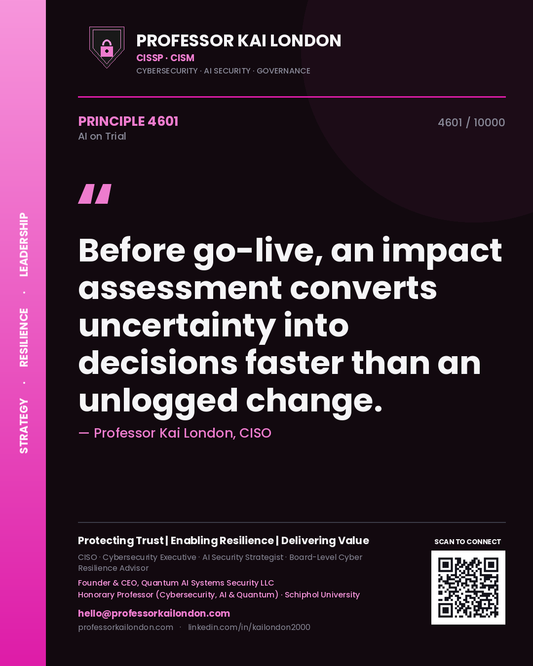 Professor Kai London principle 4601: Before go-live, an impact assessment converts uncertainty into decisions faster than an unlogged change.