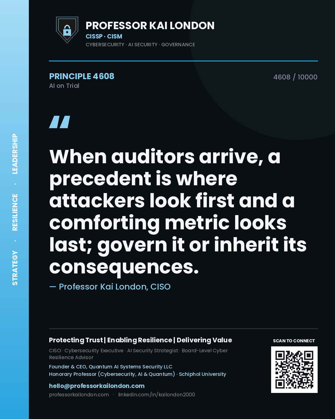 Quote card by Professor Kai London reading 'When auditors arrive, a precedent is where attackers look first and a comforting metric looks last; govern it or inherit its consequences.'. From the book AI on Trial.