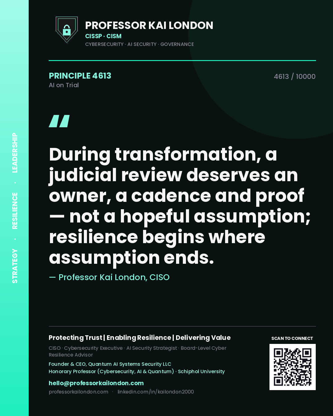 Professor Kai London principle 4613: During transformation, a judicial review deserves an owner, a cadence and proof — not a hopeful assumption; resilience begins where assumption ends.