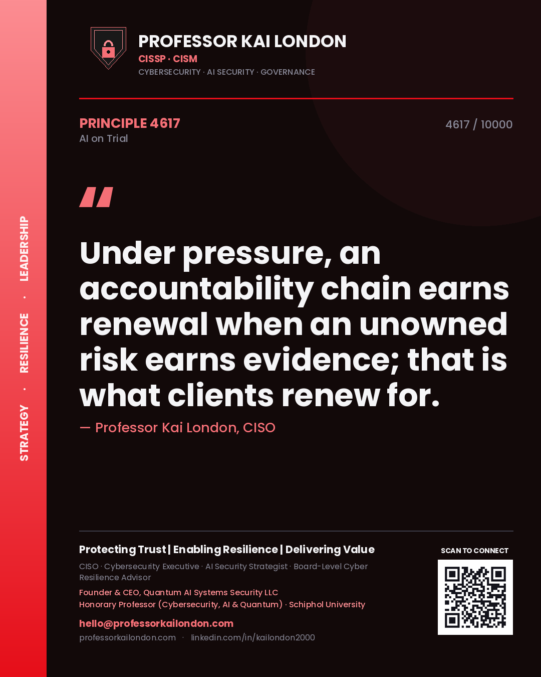 Quote card by Professor Kai London reading 'Under pressure, an accountability chain earns renewal when an unowned risk earns evidence; that is what clients renew for.'. From the book AI on Trial.