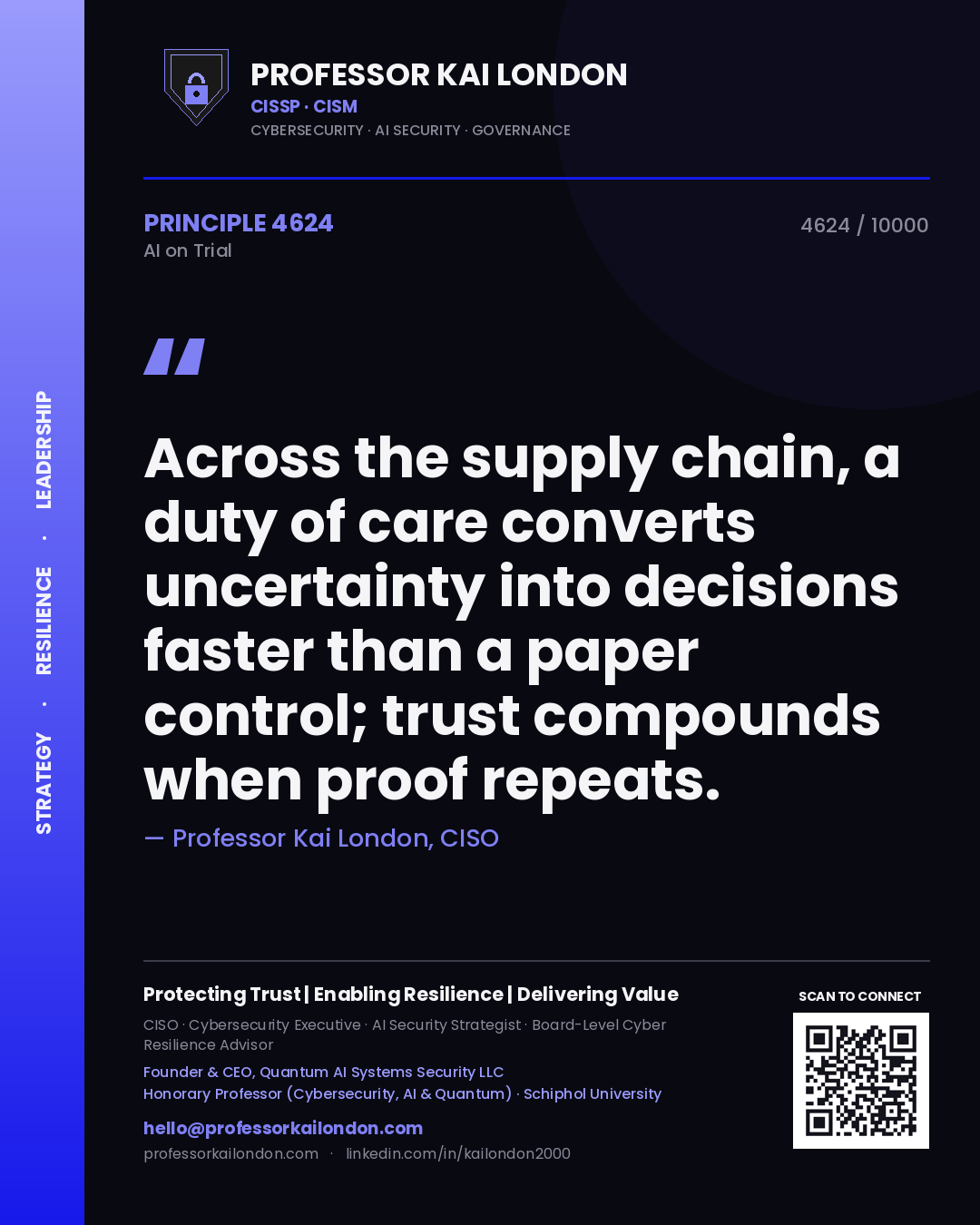 Professor Kai London principle 4624: Across the supply chain, a duty of care converts uncertainty into decisions faster than a paper control; trust compounds when proof repeats.