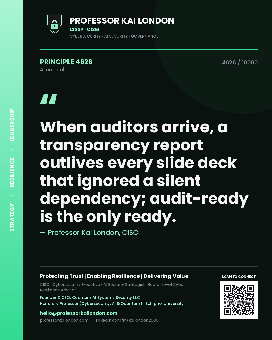 Quote card by Professor Kai London reading 'When auditors arrive, a transparency report outlives every slide deck that ignored a silent dependency; audit-ready is the only ready.'. From the book AI on Trial.