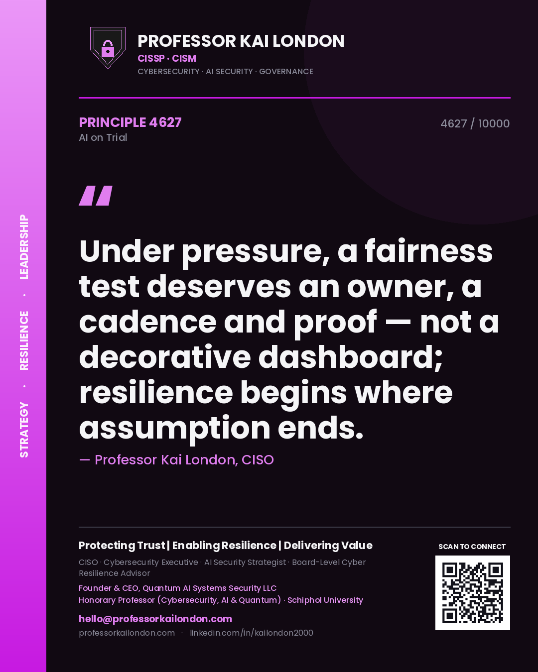 Quote card by Professor Kai London reading 'Under pressure, a fairness test deserves an owner, a cadence and proof — not a decorative dashboard; resilience begins where assumption ends.'. From the book AI on Trial.