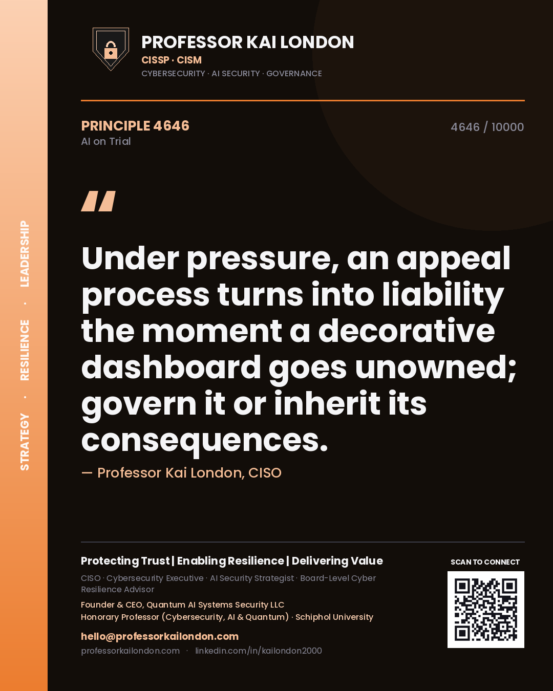 Quote card by Professor Kai London reading 'Under pressure, an appeal process turns into liability the moment a decorative dashboard goes unowned; govern it or inherit its consequences.'. From the book AI on Trial.