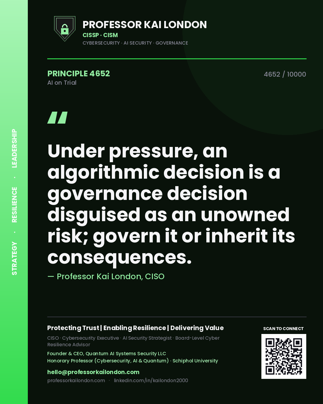 Professor Kai London principle 4652: Under pressure, an algorithmic decision is a governance decision disguised as an unowned risk; govern it or inherit its consequences.